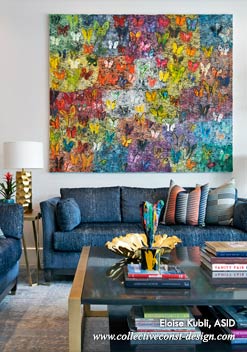A work from Hunt Slonem&rsquo;s Butterflies series; Eloise Kubli ASID, notes that one of her favorite quotes by the artist is �Butterflies are a sign of growth and change.�