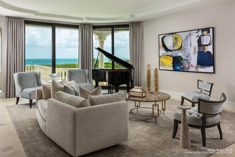 The Stark area rug adds texture and grounds the furnishings and grand piano. The t�te-�-t�te is a relaxing furniture piece on which to gaze out to the inlet and linger in conversation. The combination of patterns, colors, and finishes creates the backdrop for everyday elegance.