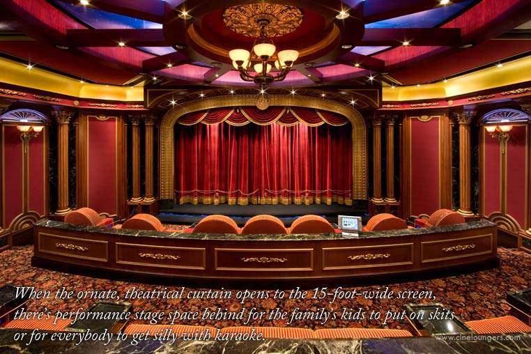 Inside the entrance doors, wall sconces from Farrey&rsquo;s shimmer as touches of gold leaf highlight the extravagant use of eucalyptus wood. The owners&rsquo; handheld monitor controls it all, from featured movies to the theatre&rsquo;s climate and lighting � even the irrigation system outside.