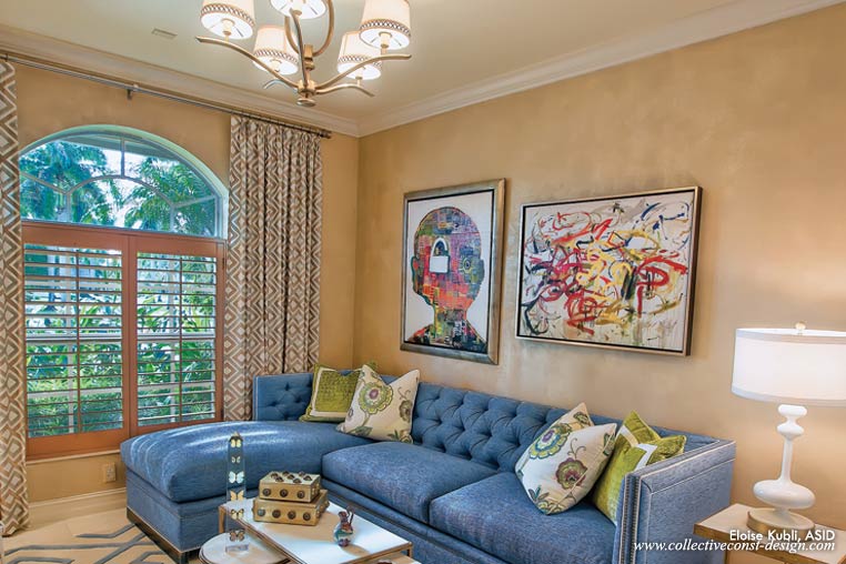The centerpiece of the space is a custom sofa with a chaise. Under the stylish frame, it holds a queen sleeper. The walls have a shimmer, a gorgeous lusterstone finish, setting off an original mixed media painting by Brian Poli-Dixon called &ldquo;Unlocked.&rdquo;