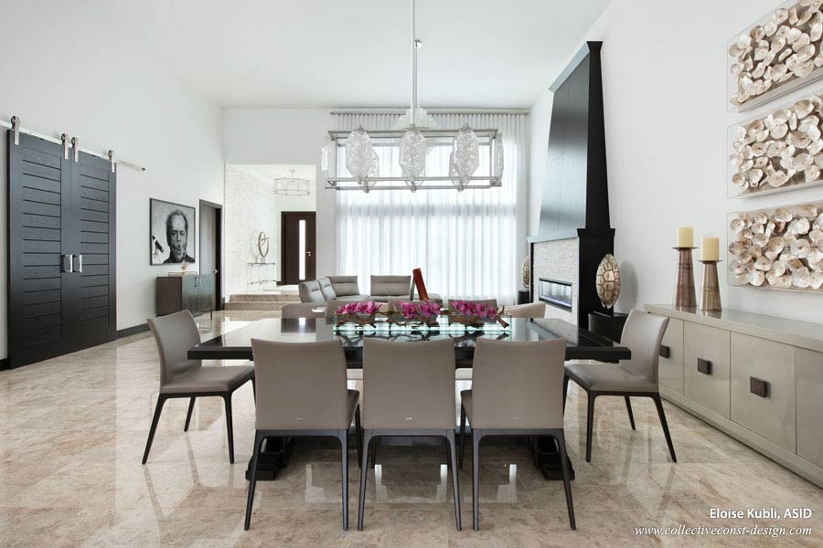Living room and dining room in a custom modern home.
