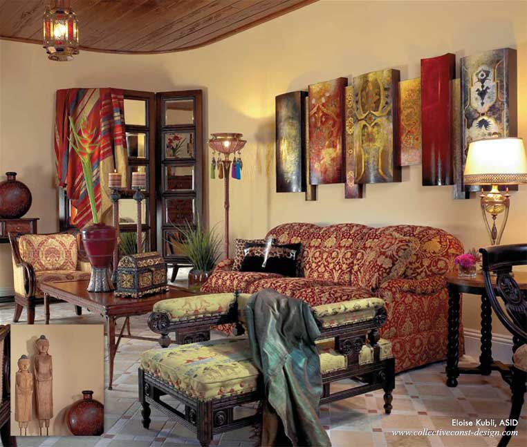 Eloise Kubli created an exotic look for a guesthouse of clients at Hawks Landing in Plantation with Moorish influences inspired by Seville and Andalusia. The ceiling fixture is Moroccan. <em><strong>Inset:</strong></em> Chinese figures add another global element.