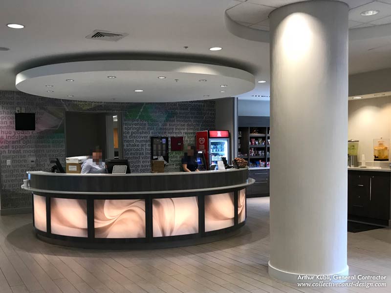 The front desk has been restyled with the new 3 M laid on acrylic panels and LED lights behind.