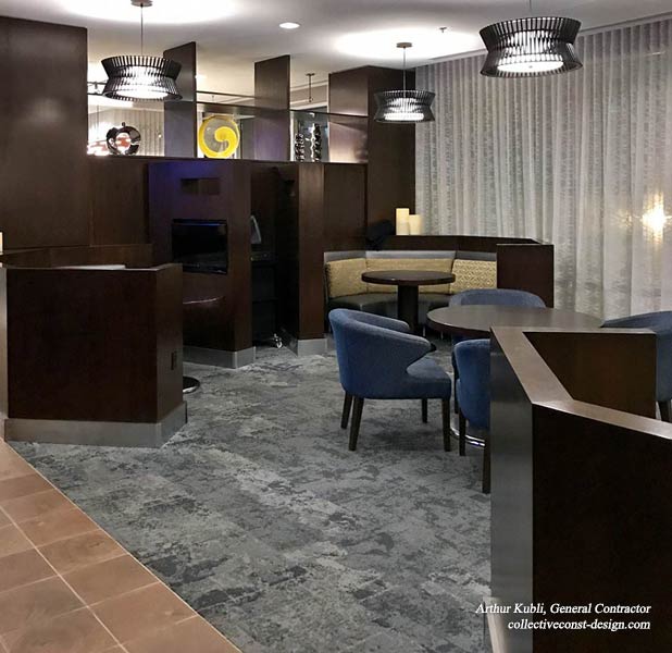 Innovative media pods were installed as part of the renovation, and offer comfortable seating, a table, electrical outlets, a flat-panel TV, and ample lighting.