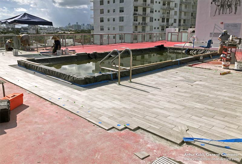 Renovations well underway. The coping and inside of the pool are covered and  protected from dust, debris, or accidental damage.