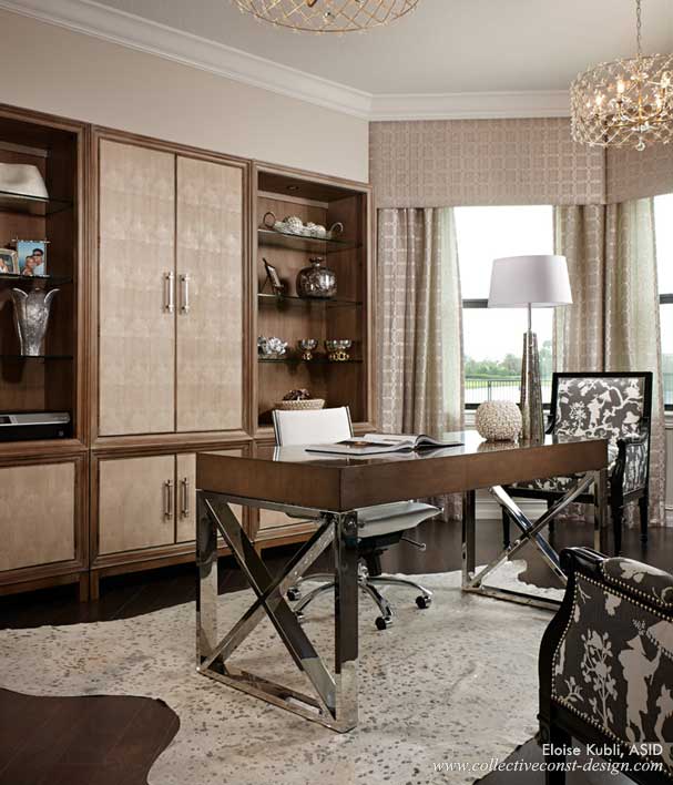 In the office, a desk with polished chrome legs and lacquered top, along with chinoiserie print fabric on client chairs, help to create an attractive and functional workspace.