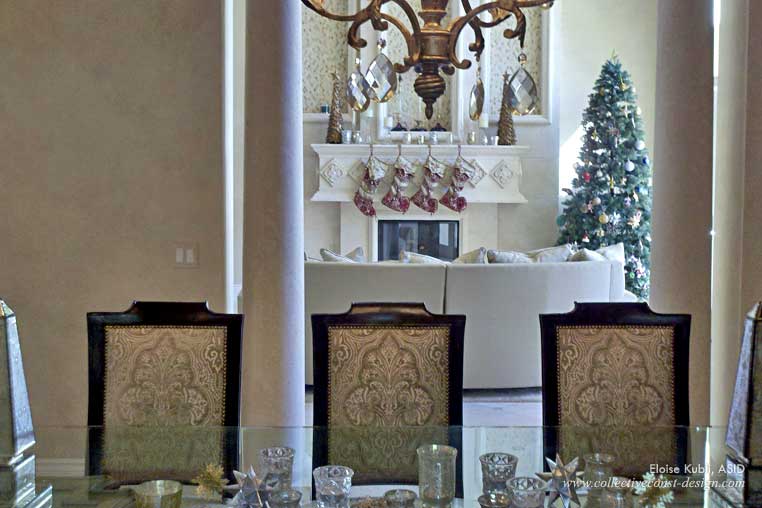 Grouping candles on a mirror or near metallic objects reflects the sparkle of the flames. Right, hanging elaborate stockings by the fireplace adds a touch of elegance.