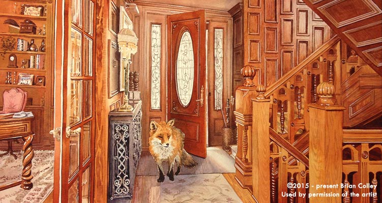 Artist&rsquo;s rendition of entryway with a visitor. Original watercolor painting, &ldquo;Creature Comforts&rdquo;, by Brian Colley