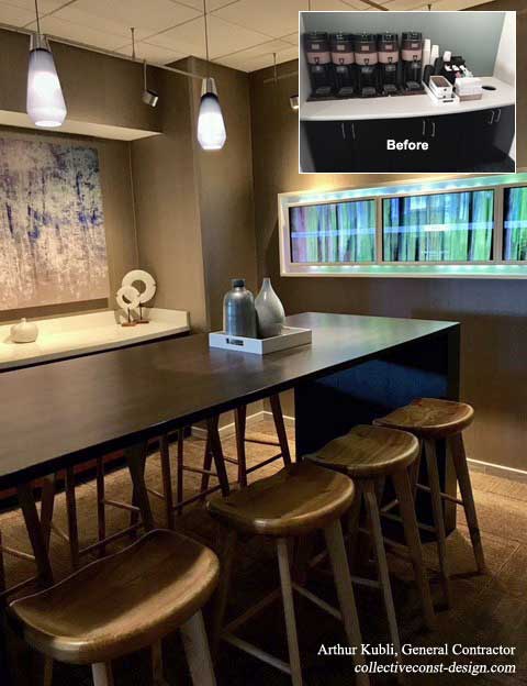 Attention to detail throughout this hotel renovation is reflected in the genuine woods, lighting details, and even the artwork and flooring.