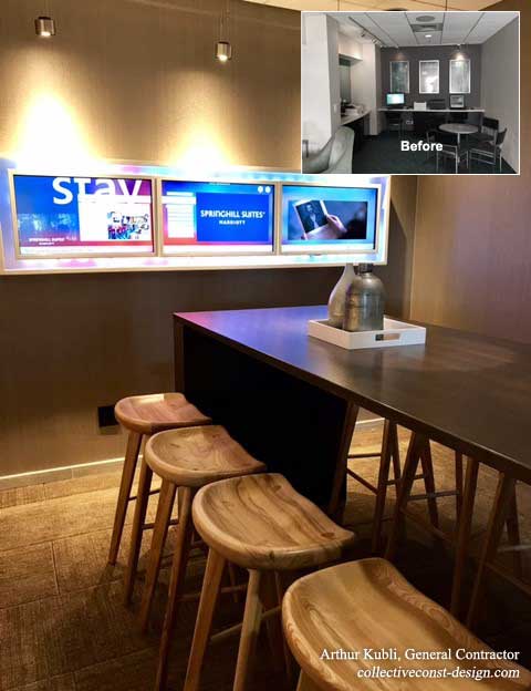 Go boards and other signage keep business guests up to date in the renovated food bar area.