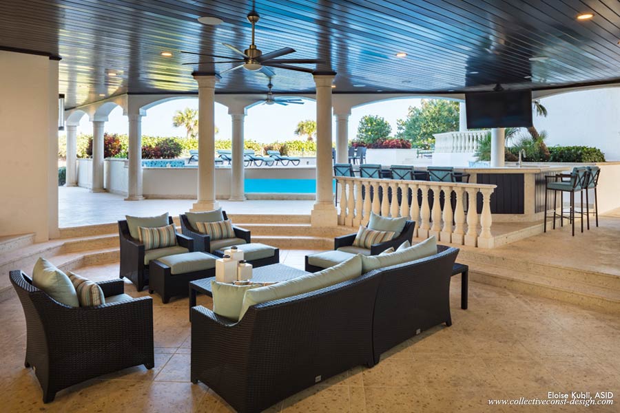 This immense covered outdoor area has been clad with select smooth cypress stained and full-grain filled with urethane.