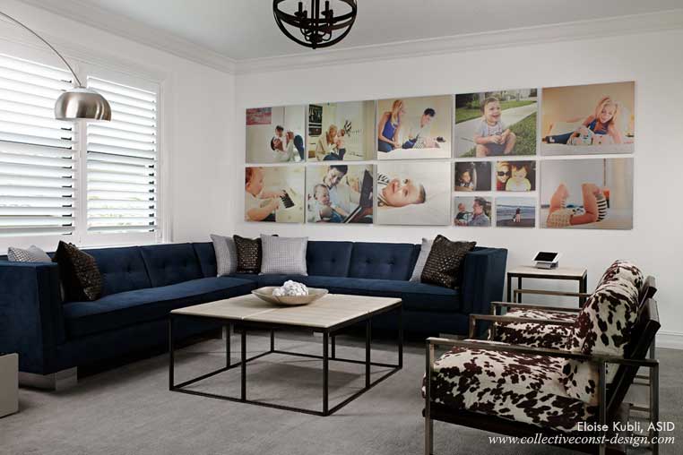 Interior designer Eloise Kubli of Collective Construction & Design Plantation presents family photos into a dynamic wall display�with images printed on frameless aluminum.