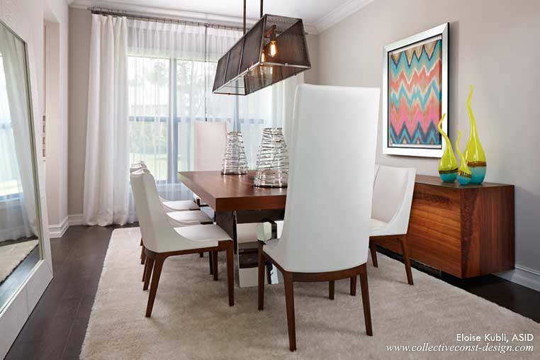 When properly positioned, rugs�anchor and unify�individual elements within a space, such as the dining�table and chairs in this design by Eloise Kubli of Collective Construction & Design in Plantation.�Shag rugs are affordable, durable and give texture to the more modern space,� Kubli says.
